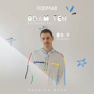 ROOM 48 OPENING WEEK עם ADAM TEN, AŠK, DODI במועדון המינוס וואן תל אביב, 28 בספטמבר 2026. לוגו המועדון ותמונות אמנים.