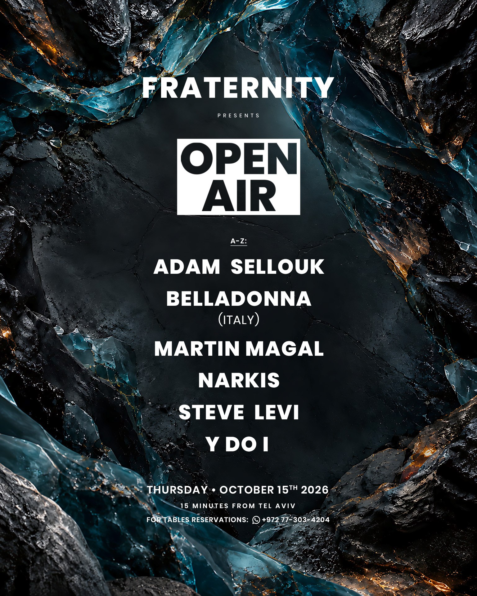 תמונת אווירה למסיבת Fraternity Open Air 2026, המתקיימת בלוקיישן פתוח במרכז הארץ.