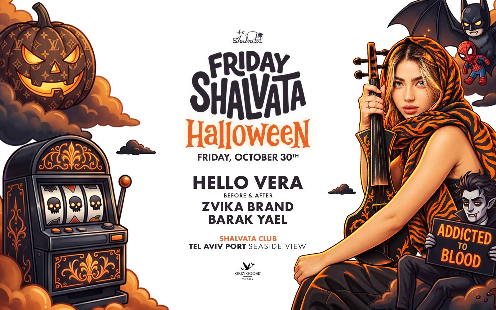 תמונת נושא למסיבת Friday Shalvata Halloween Edition עם Hello Vera Live Show בשלוותה בתל אביב ב-30.10.2026. כניסה חינם בהרשמה מראש.