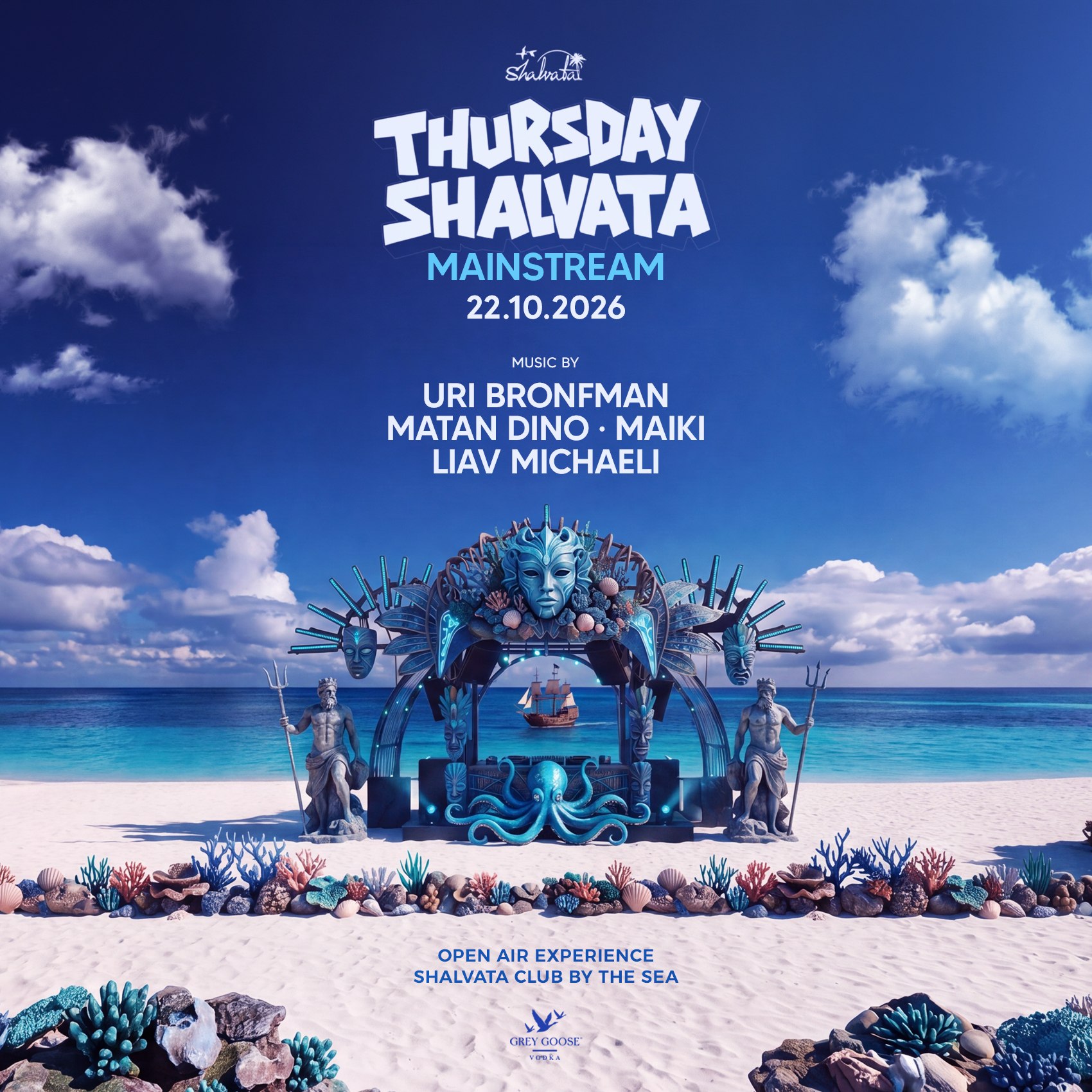 תמונת נושא למסיבת THURSDAY SHALVATA MAINSTREAM בשלוותה, נמל תל אביב, עם דיג'ייז Uri Bronfman, Matan Dino, Maiki ו-Liav Michaeli ב-22.10.2026. כניסה חינם בהרשמה מוקדמת.